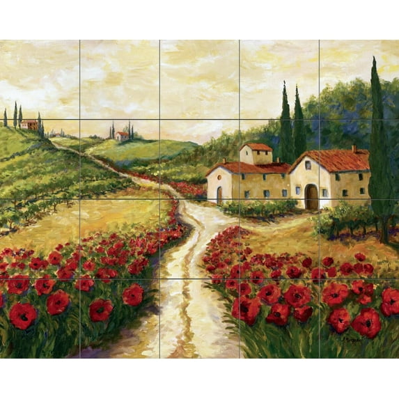 Tile Mural Kitchen Backsplash - Red Poppy Road - by Joanne Margosian