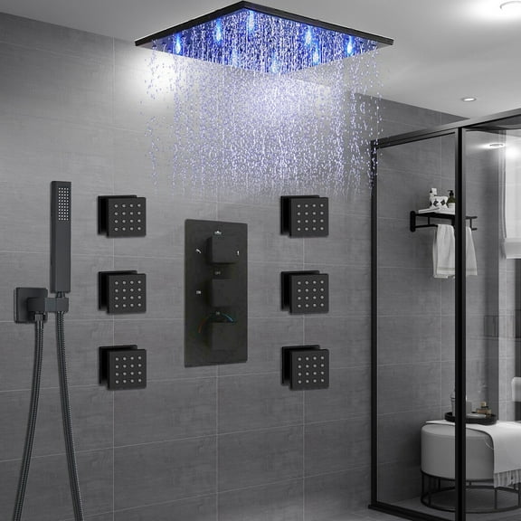 Luxury Matte Black 16'' Rainfall LED Shower Head Combo Faucet Set Massage System