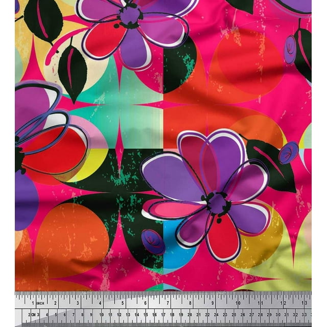 Soimoi Velvet Fabric Colorful Flowers Clip Art Print Fabric by Yard 58 Inch Wide