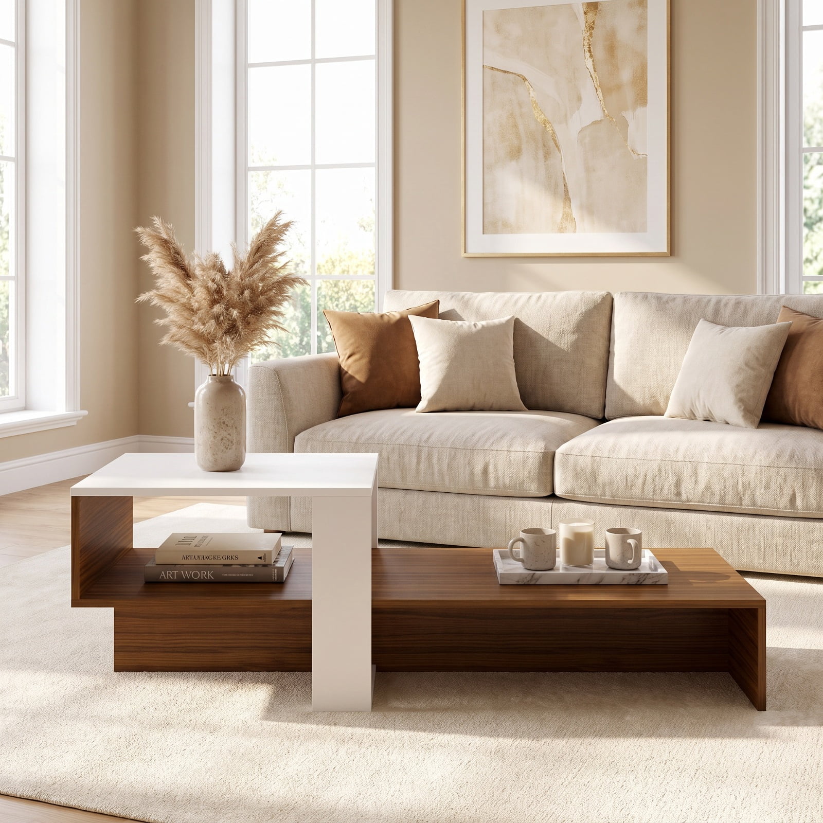 Furnibear 2 Tier Modern Irregular Coffee Table with Open Storage Shelf and Geometric Silhouette for Living Room for Home and Living Space, White and Brown