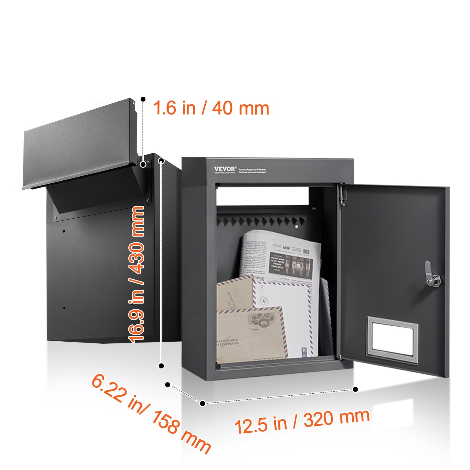 VEVOR Through The Wall Drop Box, Heavy Duty Steel Through the Wall Mailbox with 2.8-7.9" 13" Combination Lock, 12.5x6.3x16.9" Mail Drop Box, Black