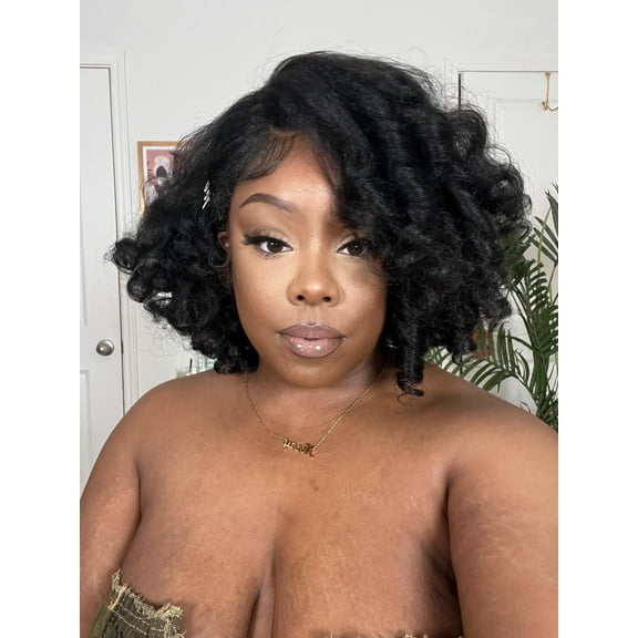 LUXLUXE Edith 12" Roller Curly Lace Front Wig with 4x13-inch HD Lace, Heat-resistant Synthetic Fiber, (Dark Brown)