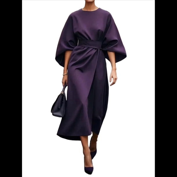 Vestido Elegante de Cóctel para Mujer, con Mangas Murciélago, Liso, Informal, Holgado, Fruncido, con Abertura, Midi y Cinturón. Púrpura M
