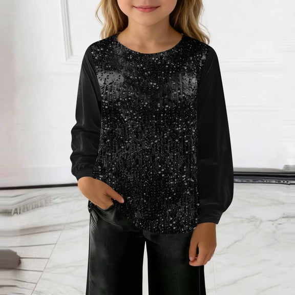 UQJfacai Girls Sequin Tops Cute Velvet Patchwork Tunic Shirts Kids Spring Casual Long Sleeve Crewneck Party Blouses 5-14 Years