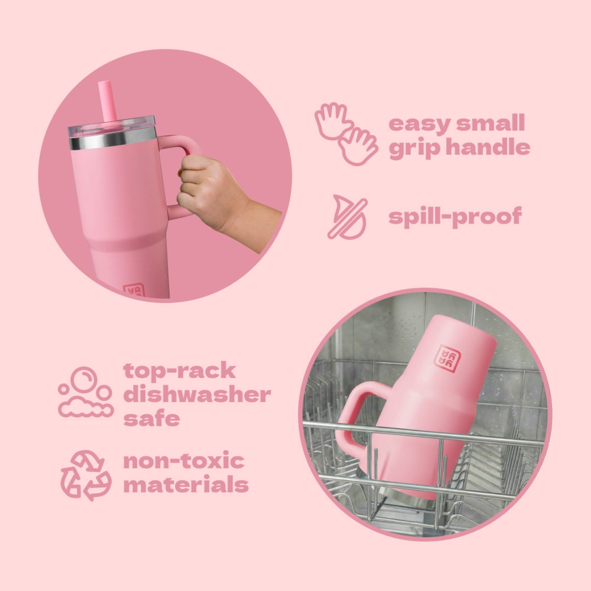 (3 pack) YAYA My First Travel Tumbler for Preschool & Kids 3+, Insulated Stainless Steel Tumbler with Reusable Silicone Straw & Spill-Proof Lid, Cup Holder Compatible, BPA-Free, 12oz, Pink