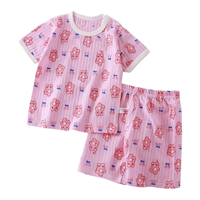 Hiiyo Ensembles de Pyjama pour Filles, T-Shirt à Manches Courtes à Imprimé de Dessins Animés + Shorts, Tenue de Nuit 2 Pcs