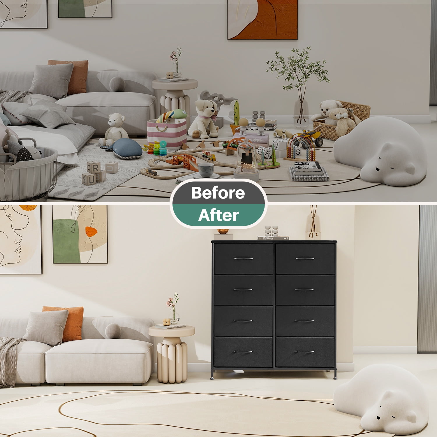 TINKLE WELL 8 Drawers Dresser for Bedroom with Metal Frame, Wood Tabletop, Storage Chest Drawers, Black