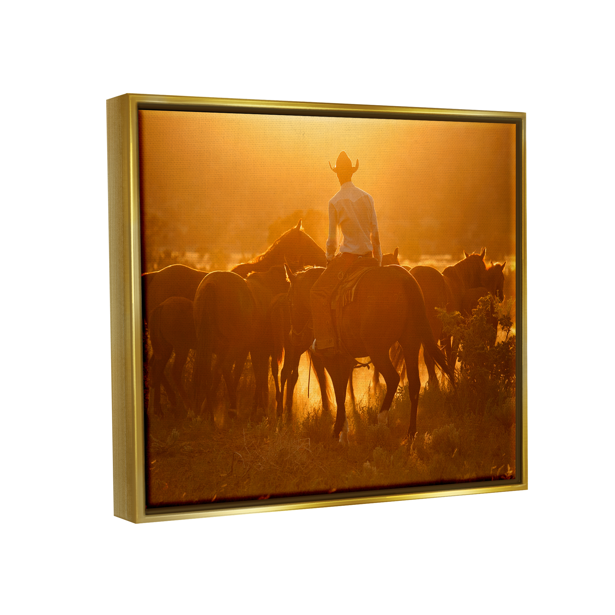 Stupell Industries Warm Sunlit Cowboy Riding Horse Rural Ranch Photograph Metallic Gold Floating Framed Canvas Print Wall Art, Design by Lisa Dearing
