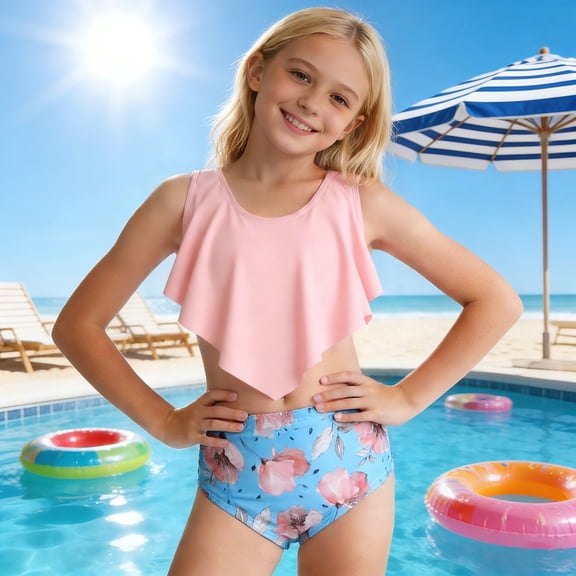 Girls Swimsuits Size 2-3Y Nylon High Elasticity Sleeveless 2 Piece Swimsuit Childrens Small Kids Swimwear