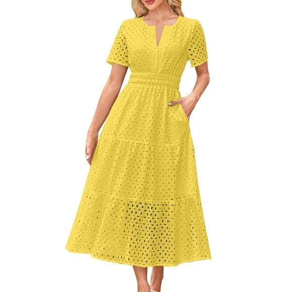 Oksale Eyelet Beach Dresses for Women Summer Vacation Hollow Out Midi Dress with Pockets Loose Short Sleeve Sundresses Trendy Notch Neck Fashion Clothes Yellow L