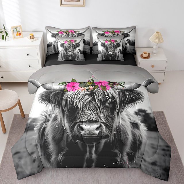 YST 7-Piece Highland Cow Flowers Comforter Set with Sheets, King – Farmhouse Style