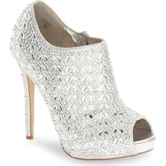 Lauren Lorraine Etra Peep Open Toe Bootie Silver Rhinestone Crystal Pumps