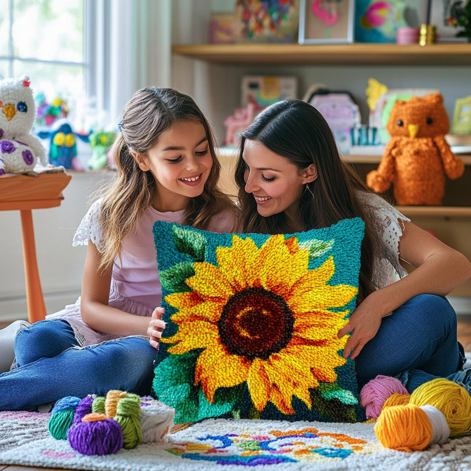 A Sunflower DIY Latch Hook Pillow Kits for Adults Printed Pillowcase Crochet Yarns Hooking Handmade Pillow Cover Cushion for Home Sofa Decoration 17x17inch
