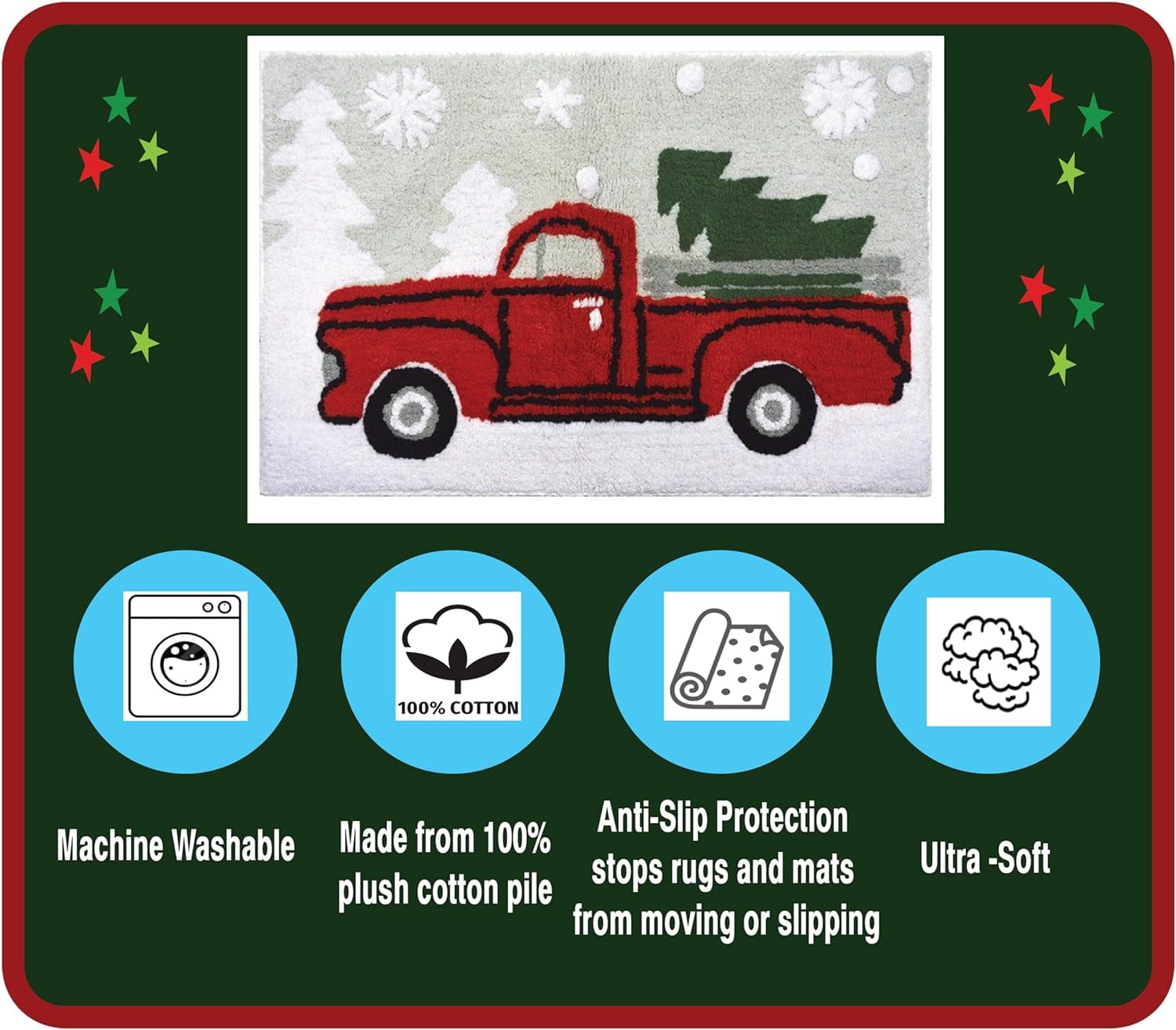 Gilbin Christmas Holiday Décor Square Pick Up Truck with Christmas Tree Water Absorbent Bathroom Vanity Bath Rug 20x30, 100% Cotton Bath Spa Mat Accent Rug Machine Washable