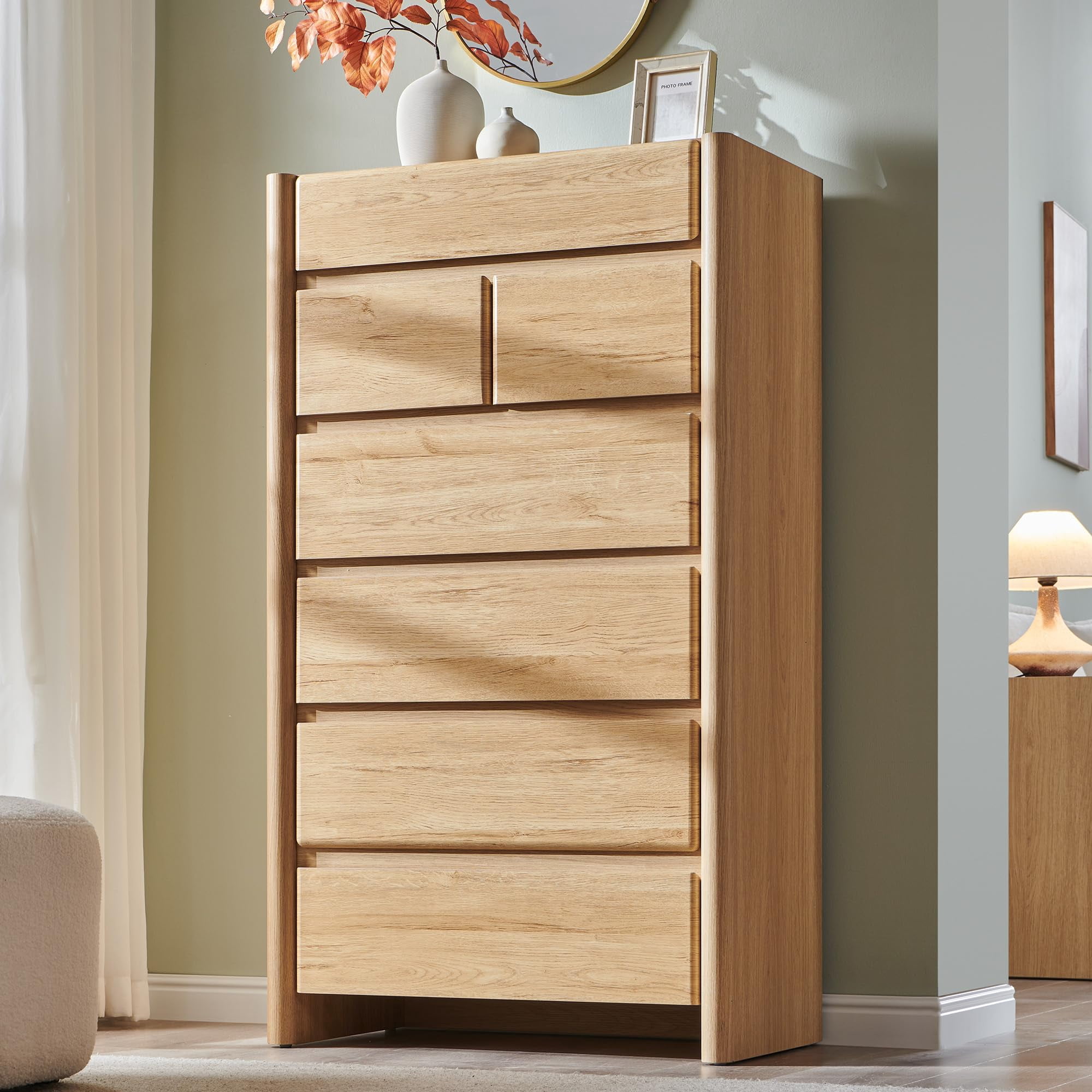 Tall Wood Storage Dresser Chest Of Seven Drawers Organizer Unit Bedroom Clothes Storage Cabinet For Living Room And Closet Modern Minimalist Style Natural Finish One Piece