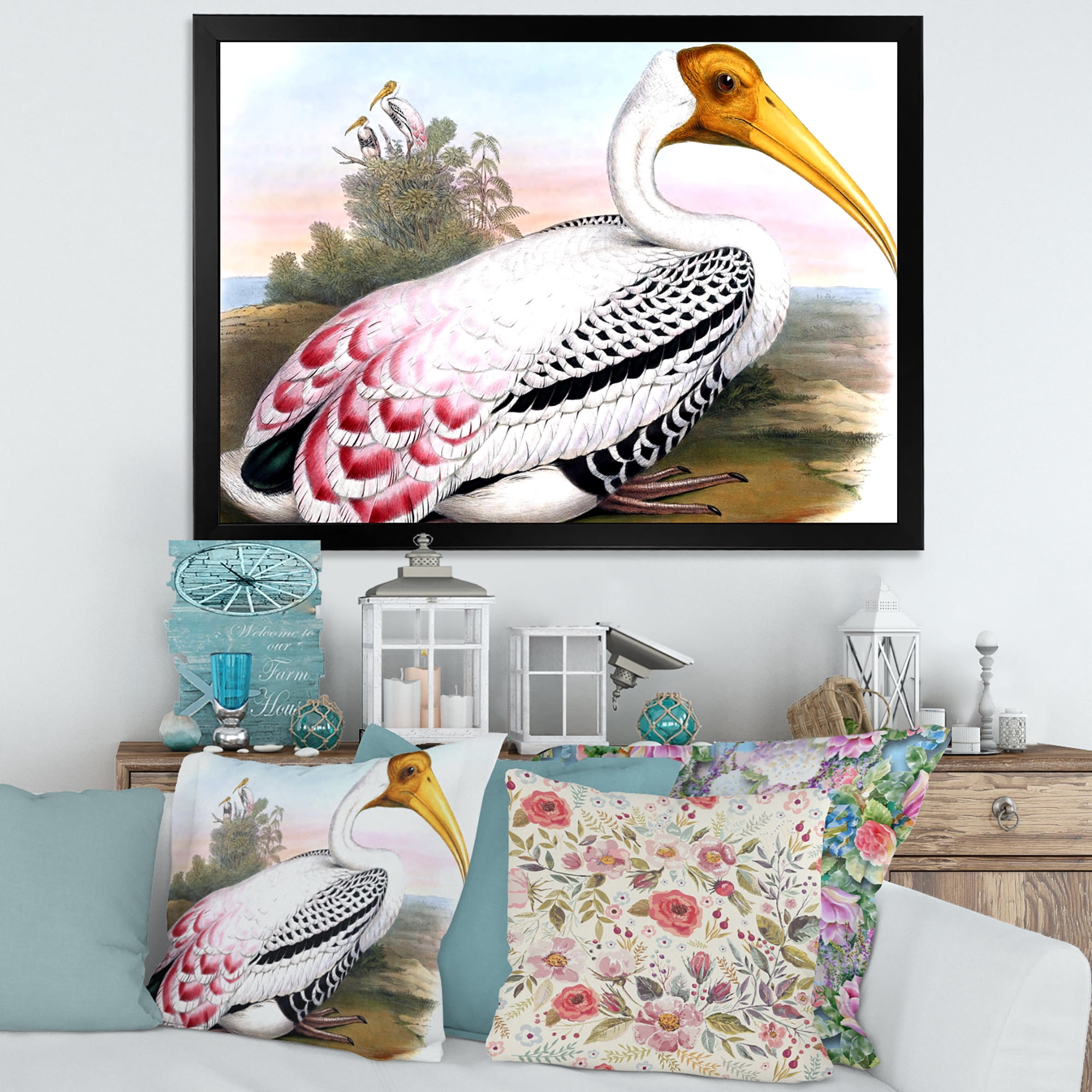 Designart 'Vintage Countryside White Birds' Farmhouse Framed Art Print