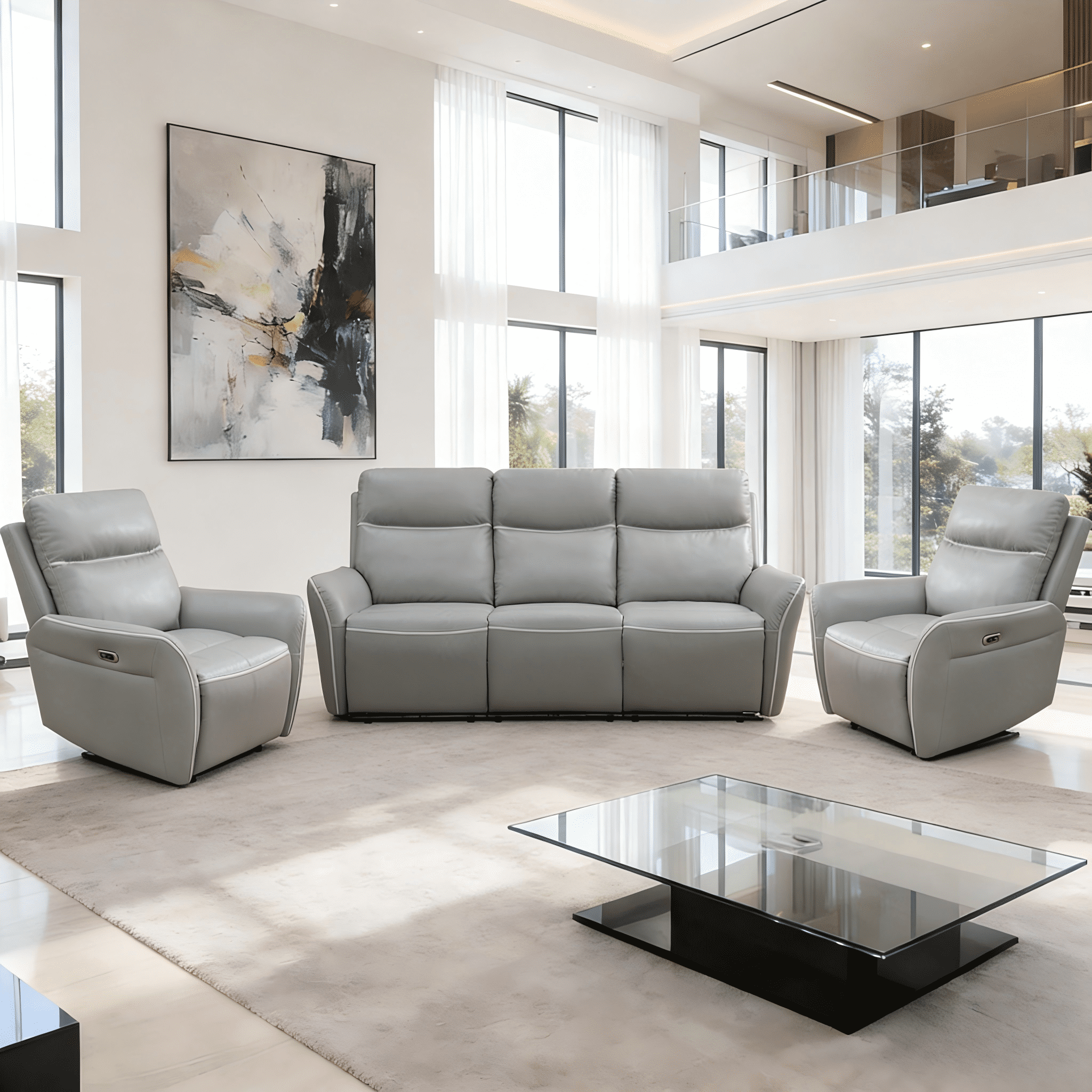 Gewnee Air Leather Recliner Sofa Set Power Reclining Sofa with Two Chair 3 Piece Reclining Living Room Set for Home Theater