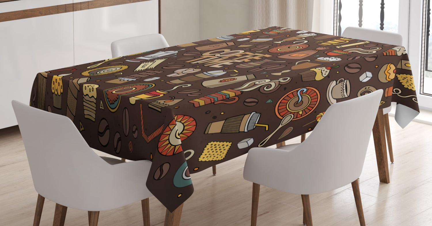 Coffee Tablecloth, Hand Drawn Cartoon Coffee Time Theme Sweets and