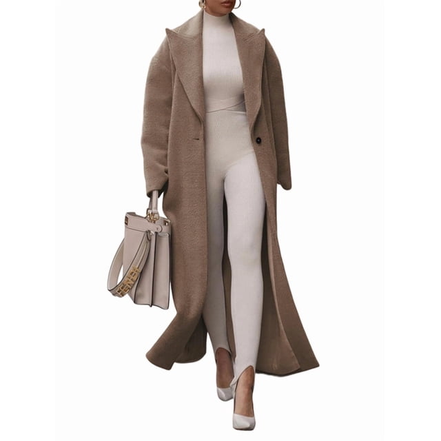 Womens Fashion Notched Lapel Single Breasted Open Front Maxi Long Trench Coat Overcoat with Pockets Khaki M