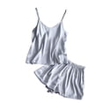 thumbnail image 4 of Pijama de seda de hielo de dos piezas con pantalones cortos y tirantes de color liso para mujer, traje de uso doméstico, 4 of 4