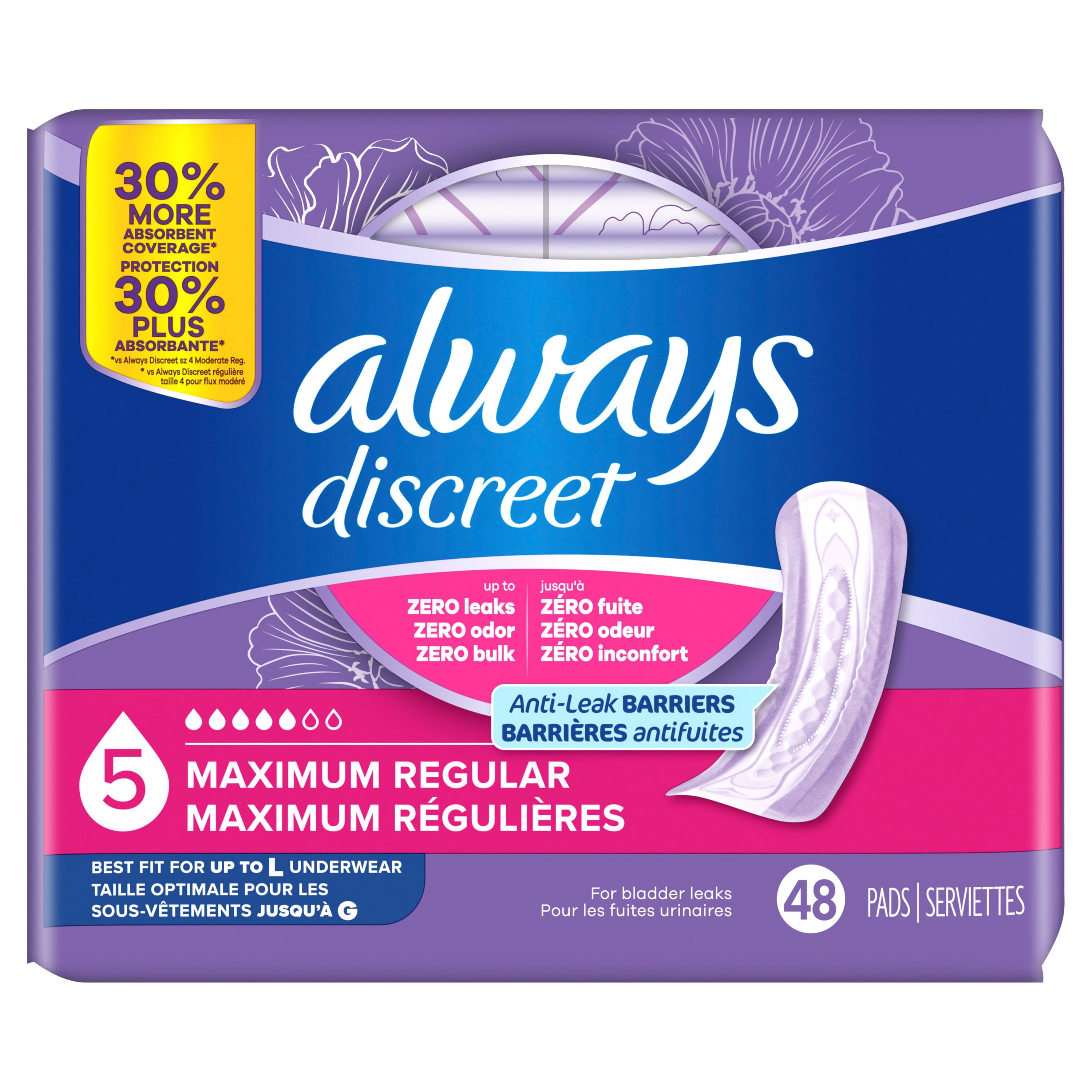 Always Discreet Adult Incontinence Pads for Women, Maximum Absorbency, Regular Length, Postpartum Pads, 48 Count