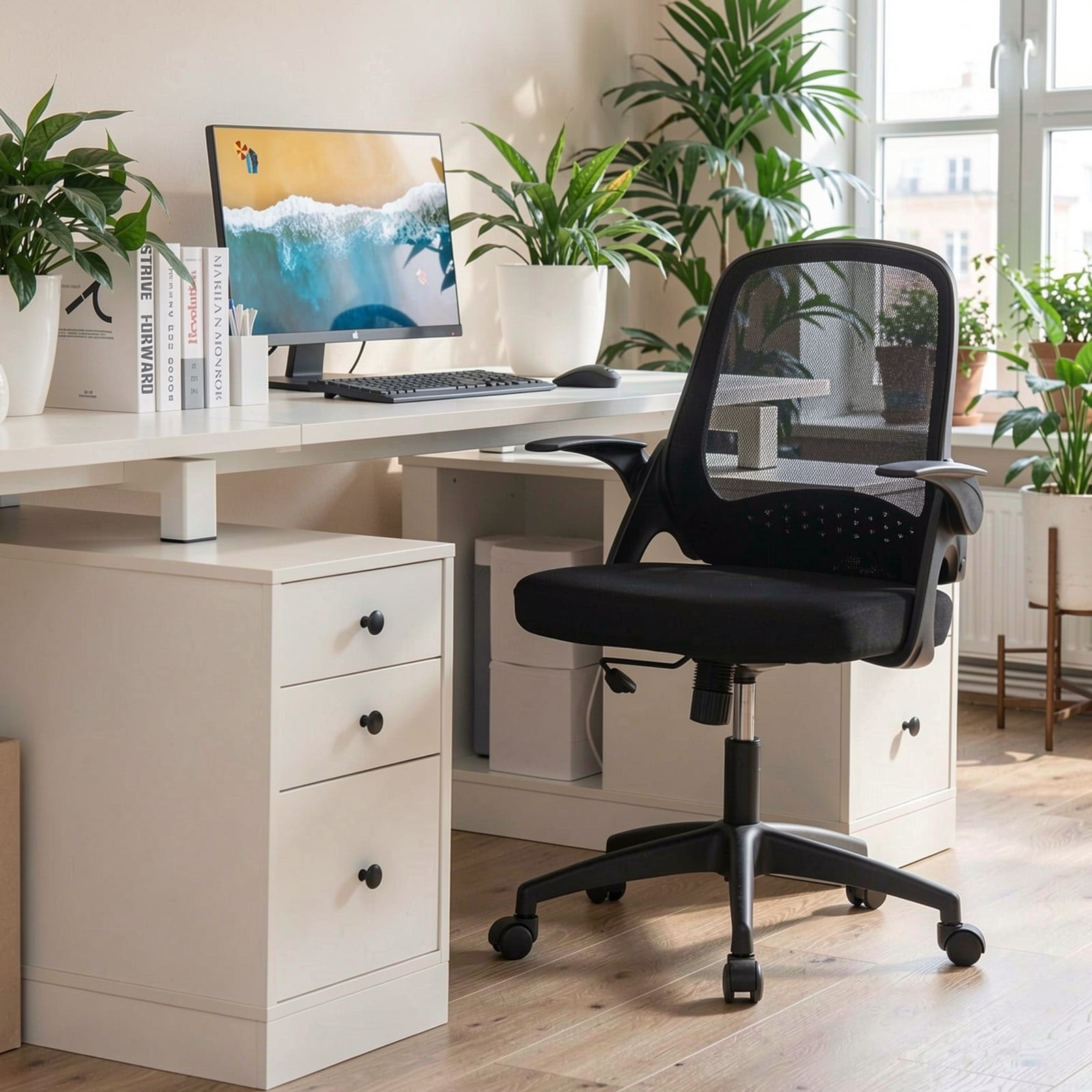 Furnibear Mesh Office Chair with Flip-up Armrests, Lumbar Support, Adjustable Height Ergonomic Rolling Computer Desk Chair for Home Office, Black