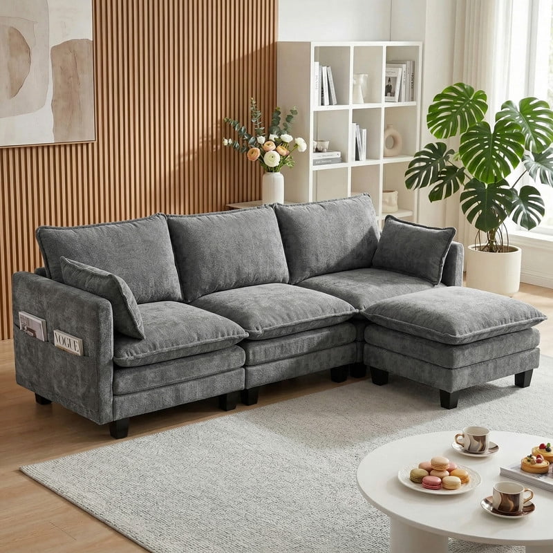 Howcool 110"W Modern Chenille Sectional Sofa with Ottoman,L-Shaped Modular Sofa Couch with USB Ports for Living Room,Dark Grey