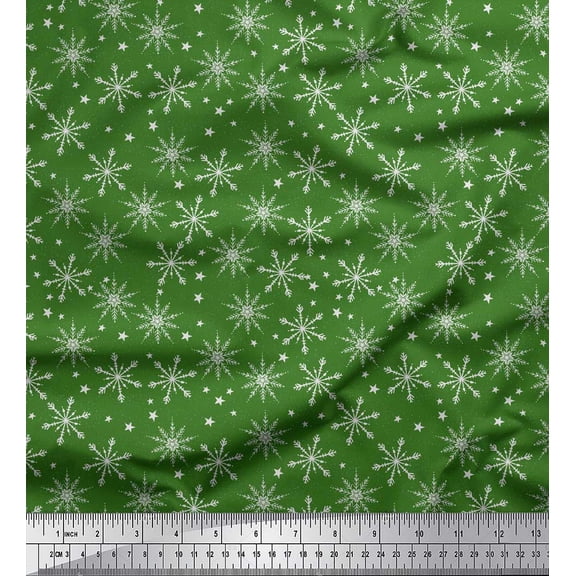 Soimoi Green polyester Crepe Fabric Snow Flakes & Star Print Fabric by Yard 42 Inch Wide