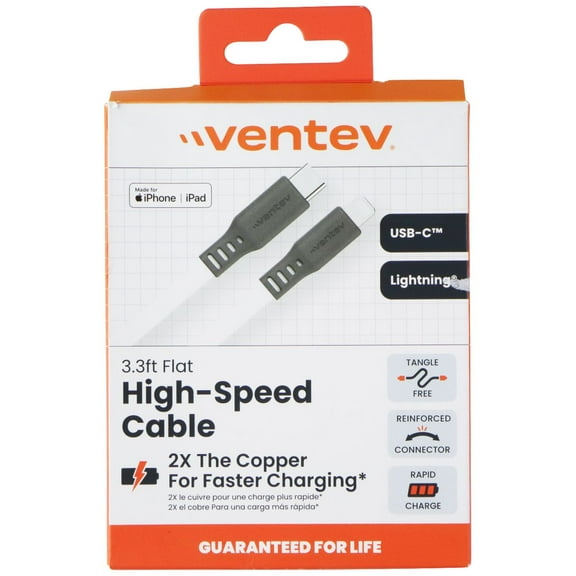 VENTEV 3.3 Foot USB-C to Lightning (8-Pin) High Speed Flat Cable - White