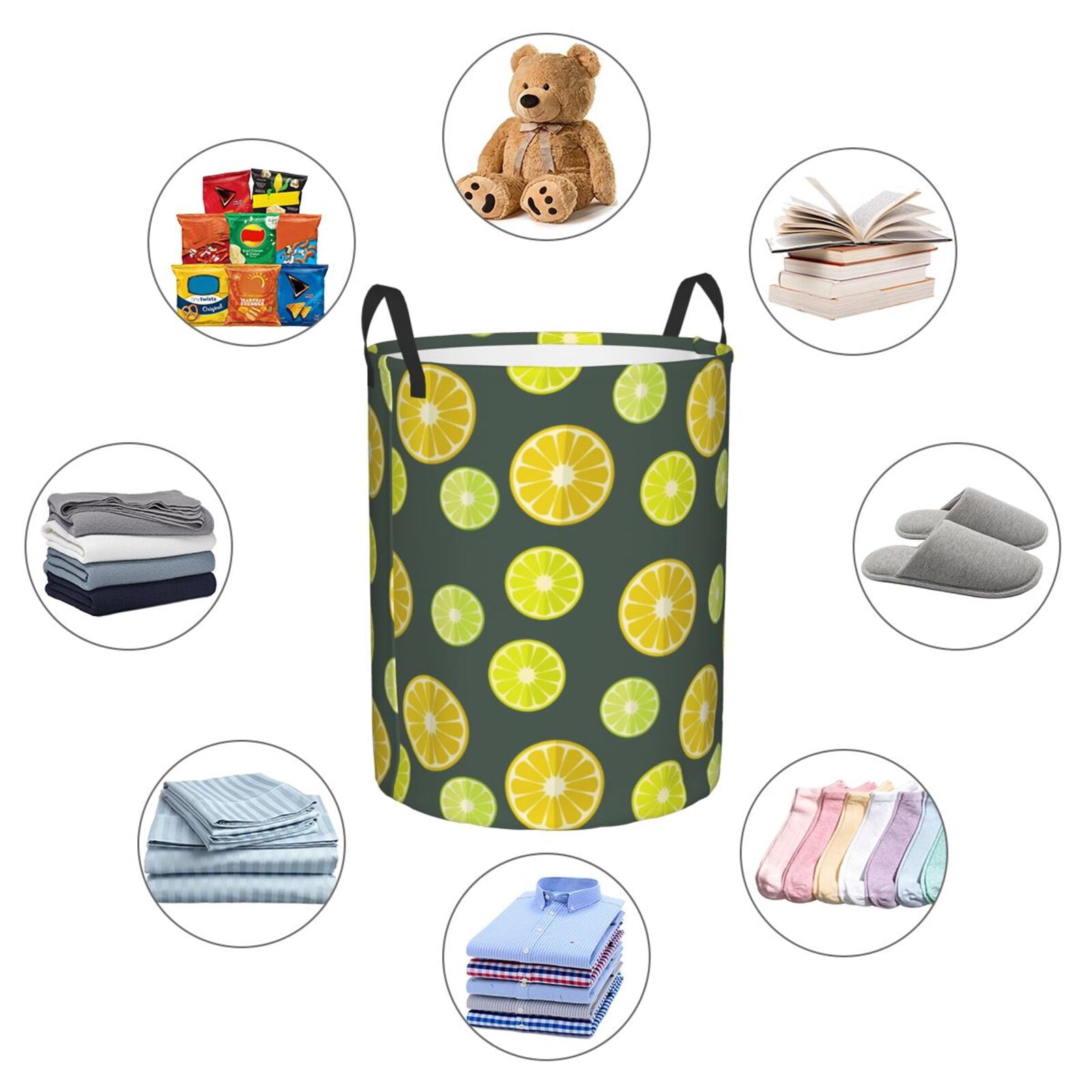 Large Laundry Basket with Handles - Green Yellow Lemon Kids Baby Dirty Clothes Laundry Hamper for Bedroom Aesthetic