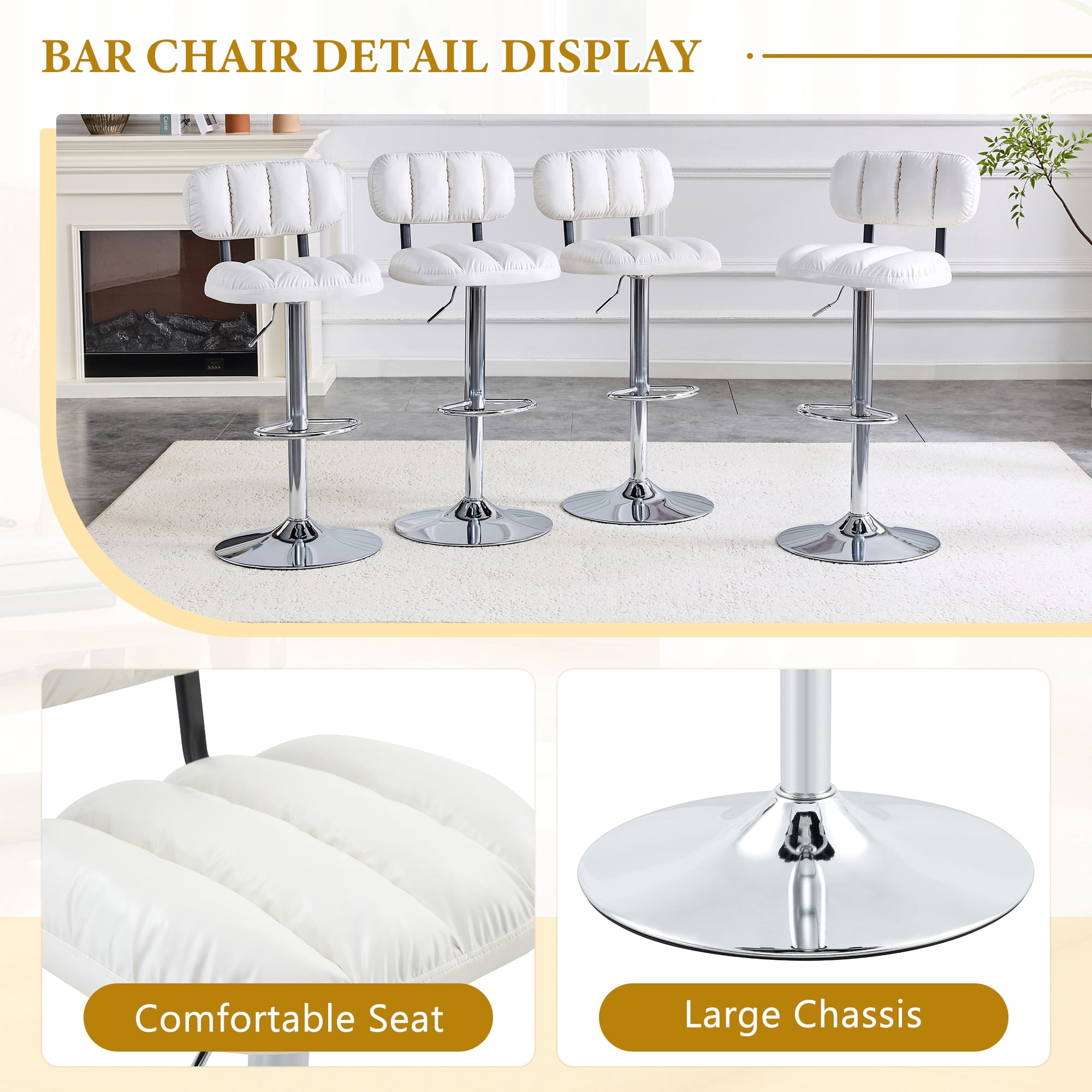 Alvantor Set of 2 White PU Leather Adjustable Bar Stools with Chrome Base