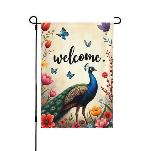 Welcome Spring Summer Garden Flag Peacock, Flowers & Butterflies Double Sided 12x18 Inch Outdoor Yard Decor
