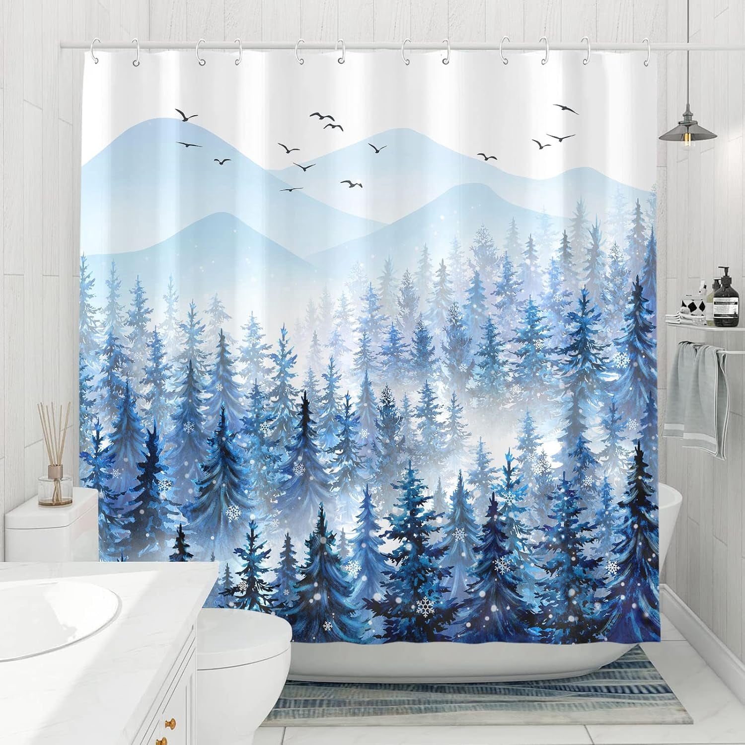 Winter Misty Forest Shower Curtain Christmas Snowflake Pine Tree Waterproof Fabric Shower Curtains for Bathroom Blue White Nature Mountain Xmas Snow Trees Bath Curtain Decor 72×72 Inches