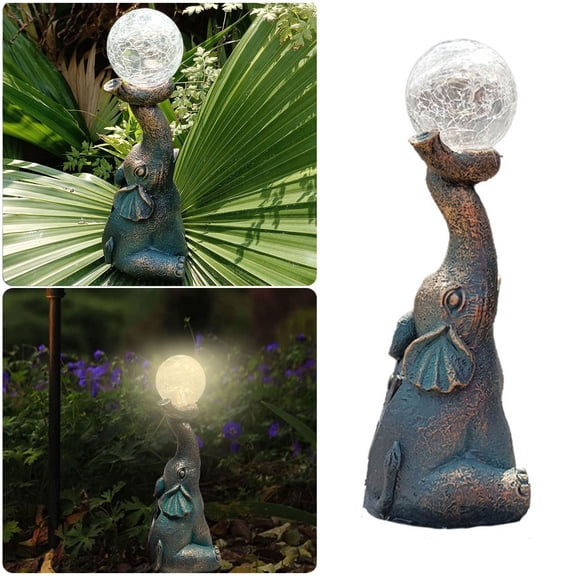 Solar Powered Elephant Garden Statue with Glass Outdoor Patio Yard Art Resin Craft Figurine Ornamental