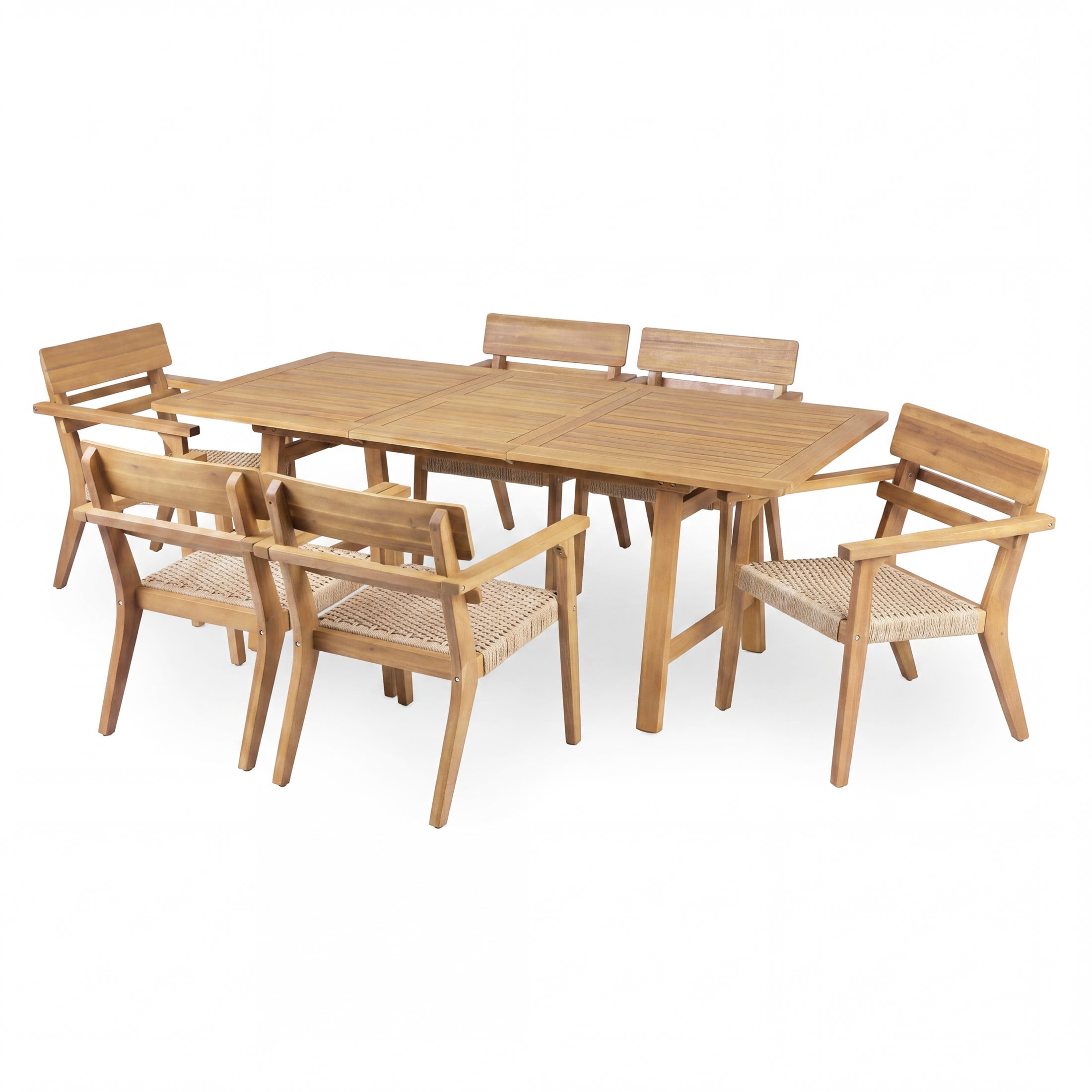 Christopher Knight Home 7-Piece Extendable Patio Dining Set, Wood Table with Wicker Chairs, Teak
