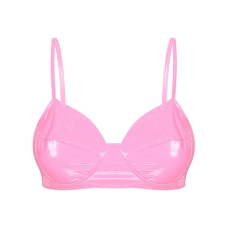 Yhong Women s Wet Look PVC Leather Wire-free Unlined Bra Tops Triangle Bralette Lingerie Pink XL