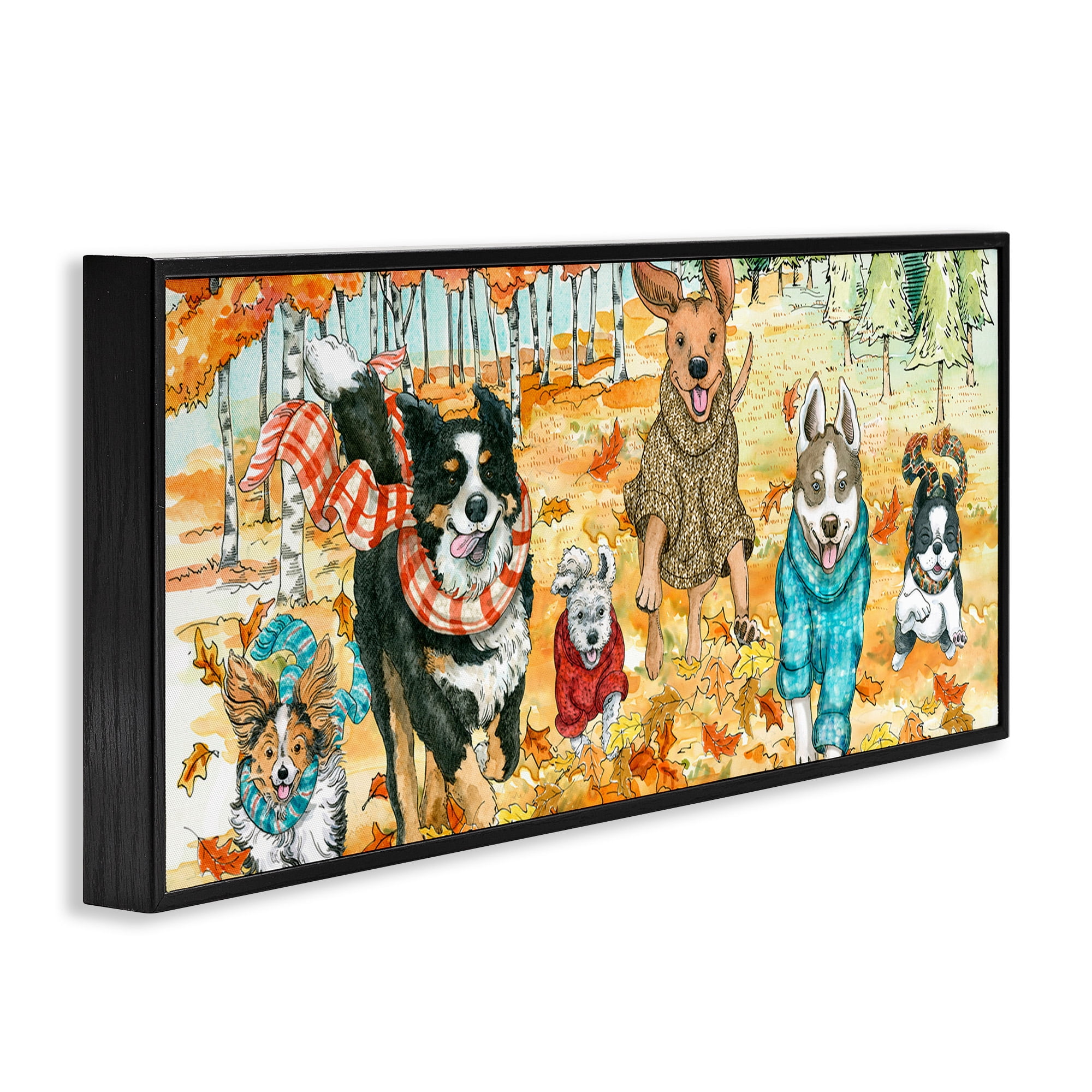 Stupell Industries Autumn Dog Park Animals Running Animals & Insects Painting Black Framed Art Print Wall Art, 30 x 13