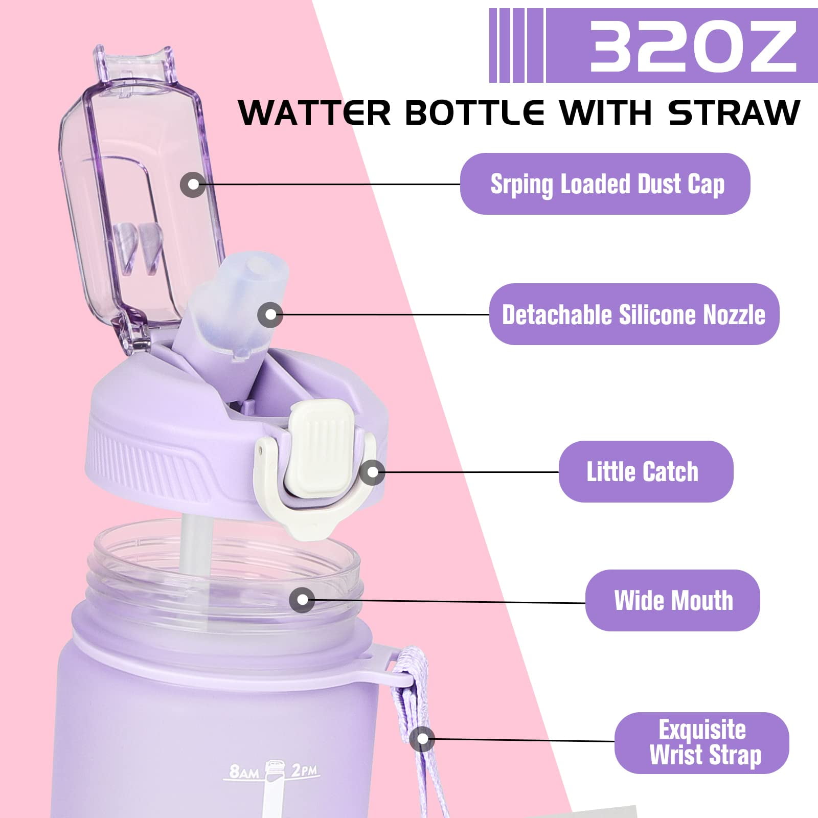 60oz Motivational Water Bottle Purple 14hr H2O Tracker Sports Bottle w/Straw