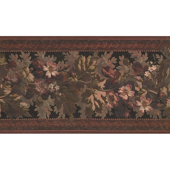 Concord Wallcoverings Wallpaper Border Vintage Pattern Flowers Leaves Ornaments for Cottage Bedroom Living Room, Brown Green Red, 15 Feet by 13.5 Inches LG3327B