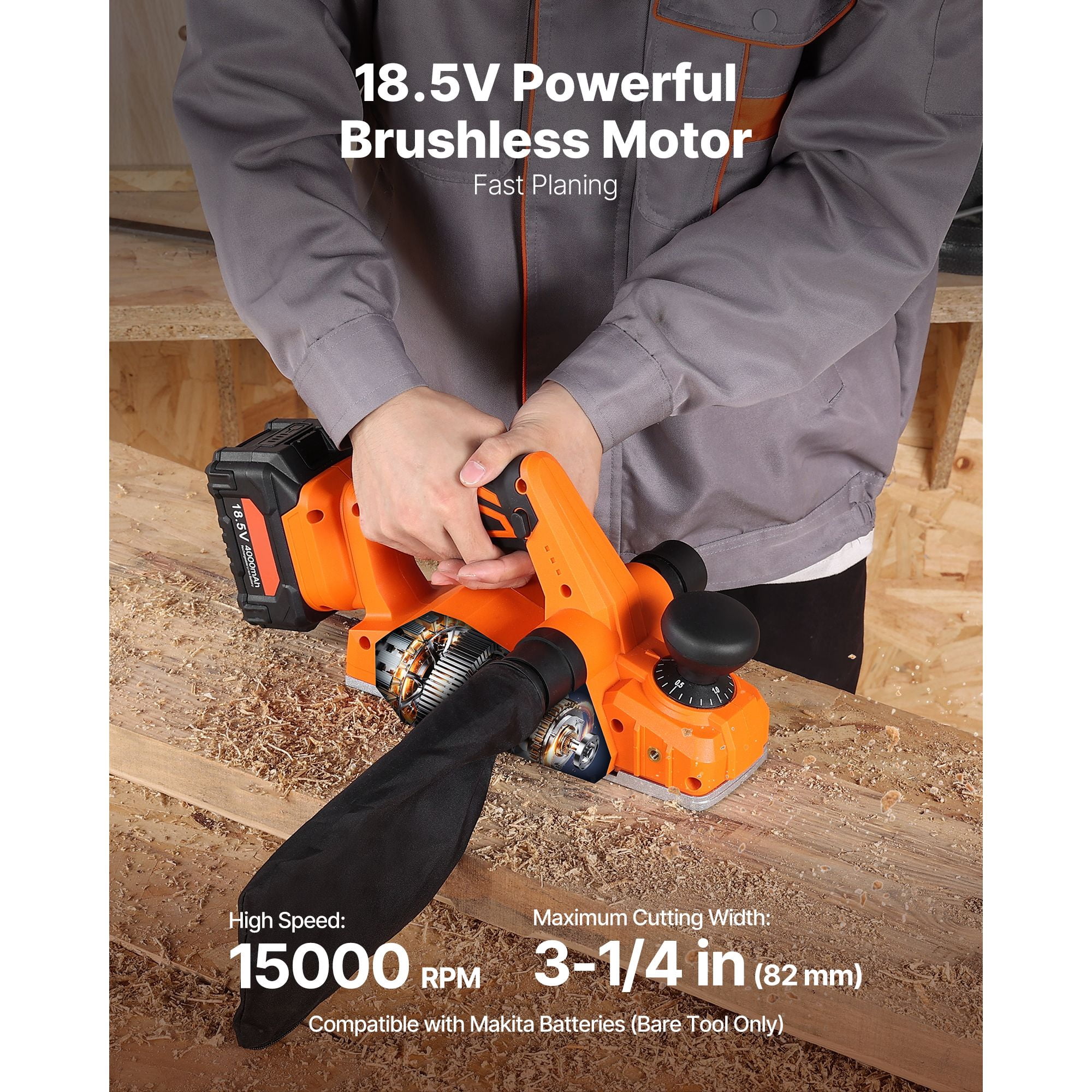 Cordless Hand Planer with 18V Brushless Motor, 3-1/4" Planing Width, 5/64" Depth, Adjustable Depth Knob, Chamfering Groove for Woodworking