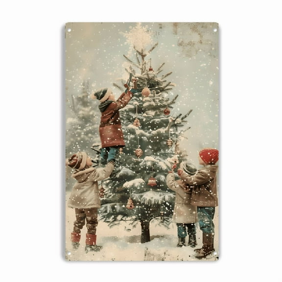 Vintage Christmas Tree Decorating iron Sign - 8*12 Inch Rustic Metal Wall Art Featuring Youngsters, Ideal for Home, Cafe, or Garage Holiday Decor, Christmas Home Decor