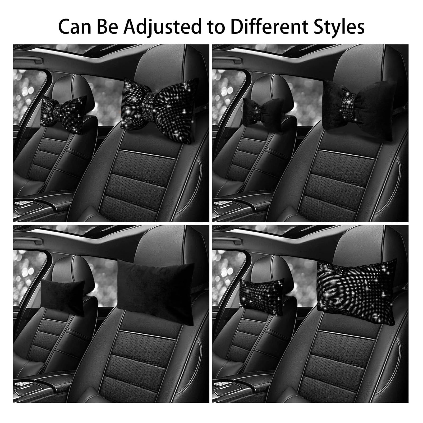 Chasenew 2 PCS Bling Bowknot Car Headrest Pillow, Rhinestone Car Neck Pillows for Driving, Bling Interior Accessories for Women Comfortable Neck Support Pillow(Black)