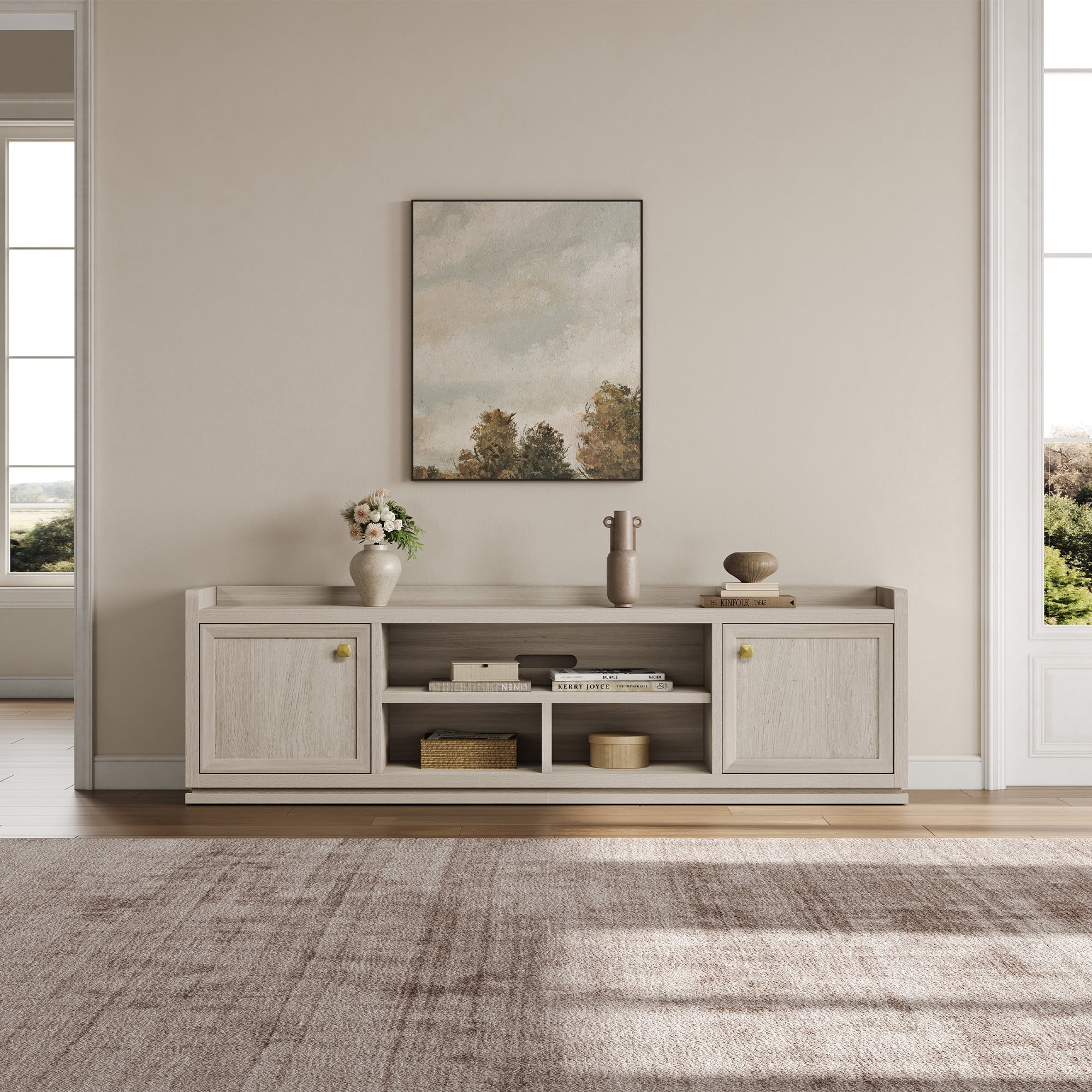 SICOTAS Farmhouse TV Stand for TVs up to 75", Entertainment Center with Storage Cabinets & Open Shelves, Wood TV Cabinet, Media Console Table for Living Room, White Oak