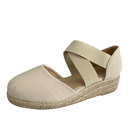 

KELINFONG Summer Low Wedges Sandals for Women Closed Toe Espadrille Shoes Elastic Ankle Strap Casual Shoes