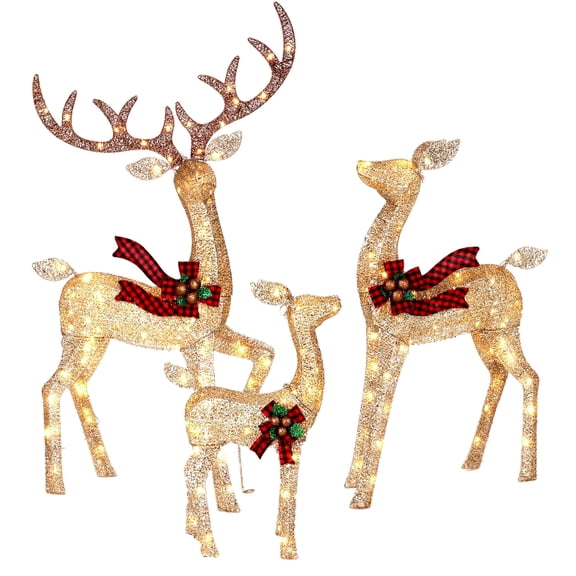 FOOWIN 3-Piece Large Christmas Deer Family, Lighted Outdoor Decoration, Champagne Gold