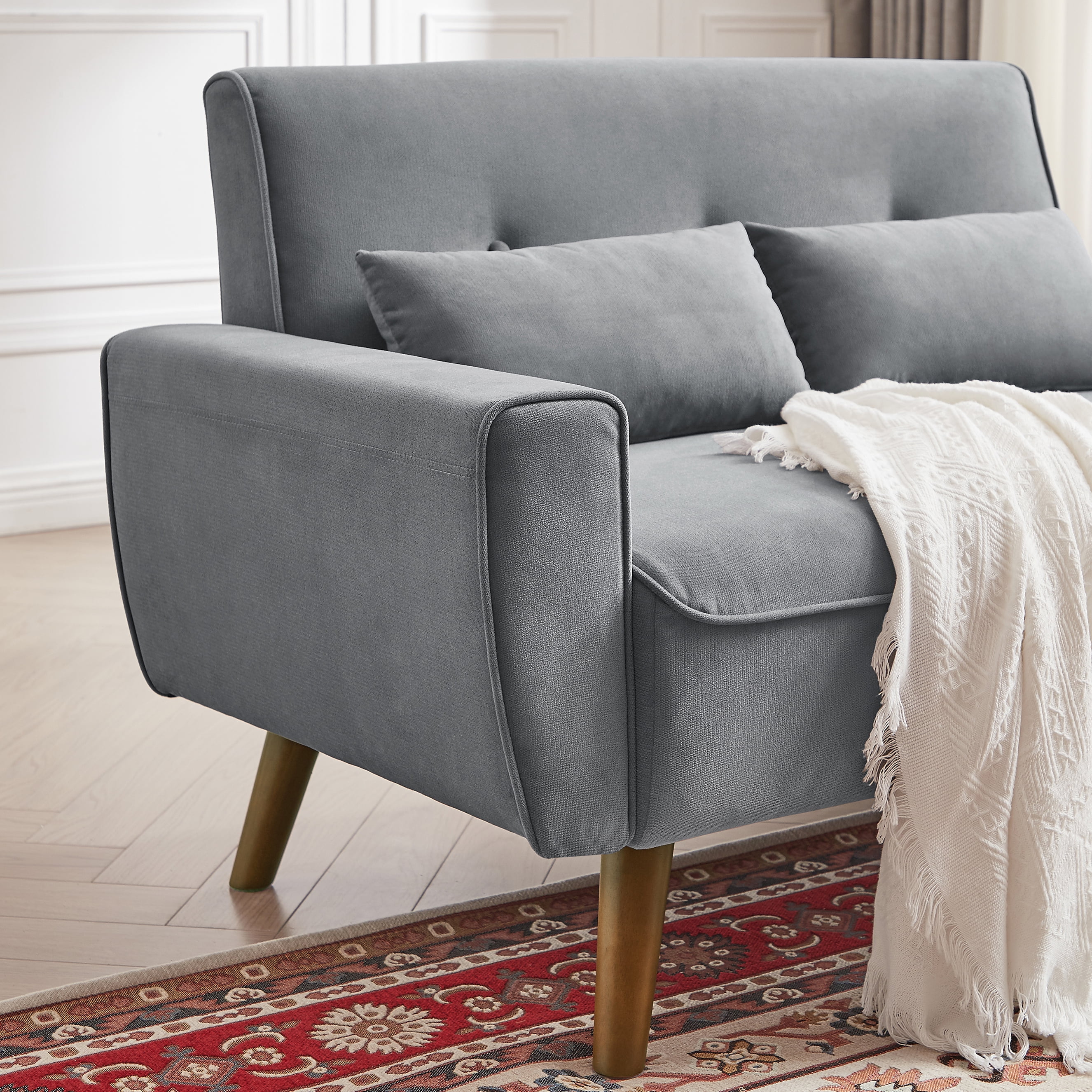 Jarenie 47" Small Modern Loveseat Sofa, Mid Century Linen Fabric 2-Seat Sofa Couch Tufted Love Seat with Back Cushions and Tapered Wood Legs for Living Room, Bedroom and Small Space LightGrey