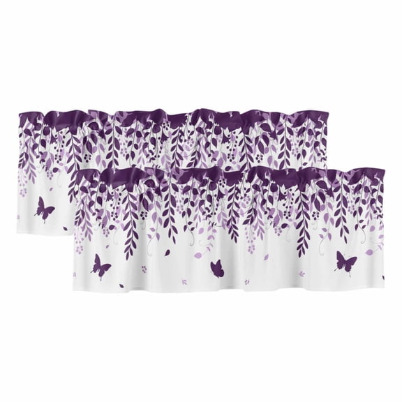 Purple Spring Botanical Valances for Windows, Decorative Rod Pocket Window Valance Curtains, Weeping Eucalyptus Butterfly Short Curtain Drapes for Kitchen/Living Room, 2 Panels, 54" W x 18" L