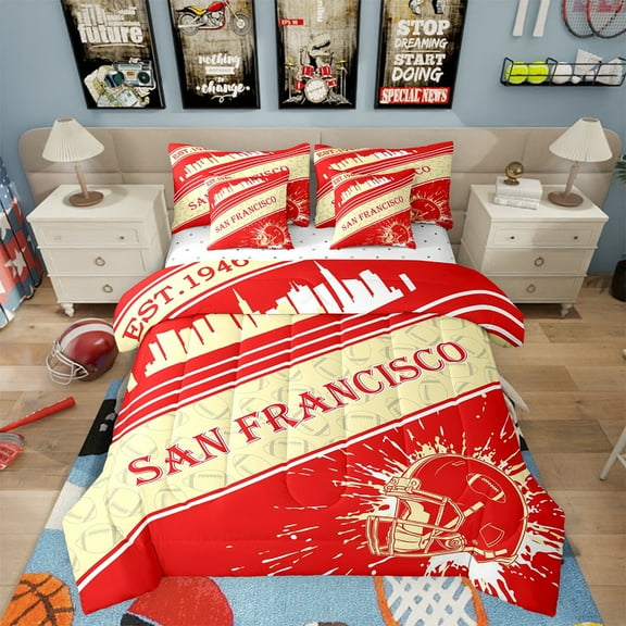 Erosebridal Rugby Sports 7 Pieces Comforter Sets Twin Size San Francisco Bedding Set for All Season Gifts for Football Fans Football City Bed in a Bag with Comforter