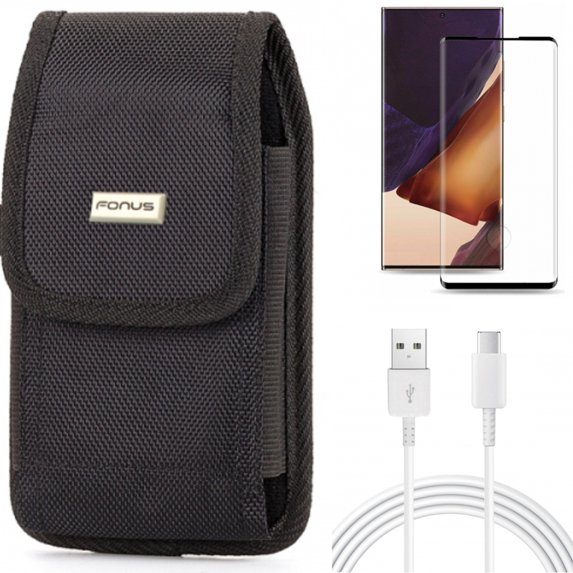 Case Belt Clip & 10ft USB-C Cable & Screen Protector for Samsung Galaxy Note 20 Ultra (6.9") - Combo with Swivel Holster & Type-C Charger Cord & Tempered Glass (Fingerprint Unlock)