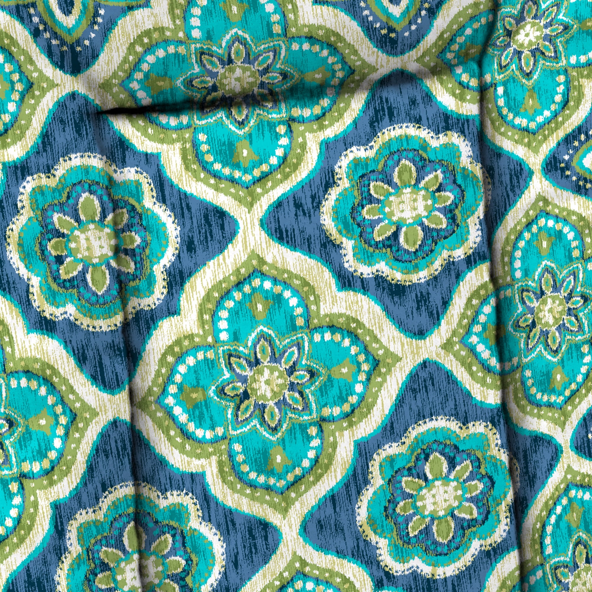 Jordan Manufacturing 38" x 21" Adonis Capri Teal Medallion Rectangular Outdoor Wrought Iron Chair Cushion with Ties and Hanger Loop